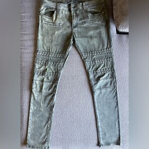 Black Men Jeans - Washed Olive Green Skinny Fit Moto Style